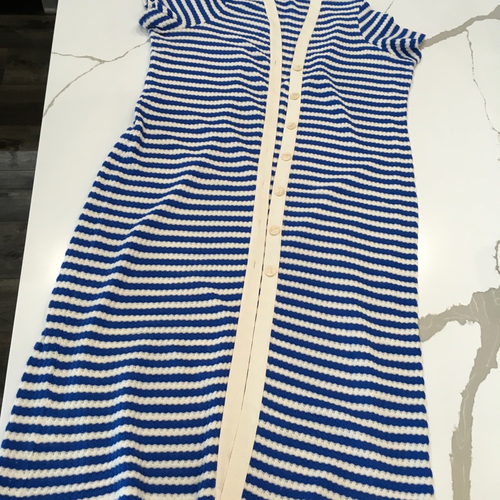 MNG Mango Stripe Long Button Down Jersey Dress Blue Cream Size 14
